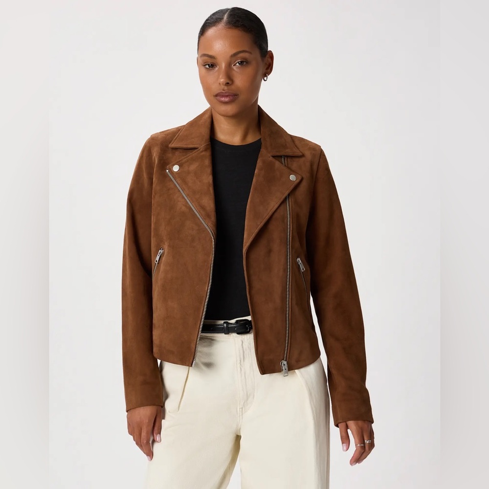 Quince 100% Suede Biker Jacket Size Small Chestnut Brown New - Picture 2 of 10